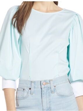 Something Navy Aqua Striped Contrast Cuff Blouse, Size Small